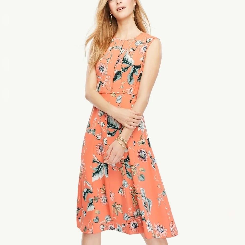 Ann Taylor Coral Oasis dress floral sleeveless flared women's size 0 - Picture 2 of 7